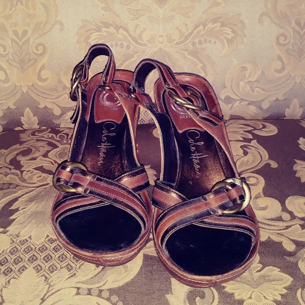 Cole Haan Brown Leather Wedge Sandals 8